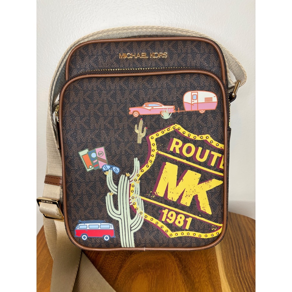 Michael Kors Desert Road Trip MD Flight Crossbody Bag Purse Brown Gold Hardware